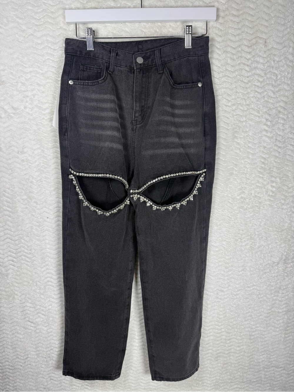 Black Straight-Leg Jeans with Rhinestone Knee Cutouts